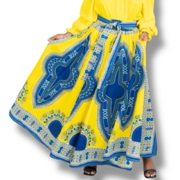 NF Ankara African Print Maxi Skirt OS Yellow and Blue - Picture 9 of 11